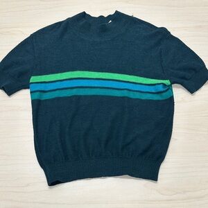 Free People dark green short sleeve sweater, green and blue stripe, size Small